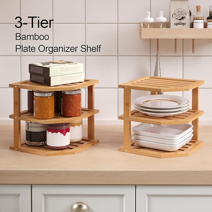 VERTORGAN 3 Tier Bamboo Corner Shelf(4 Pack),Dish Drying Rack,Plate Organizer,Kitchen Spice Rack for Countertop and Cabinet