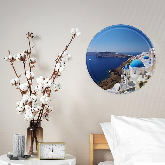 Wall Picture, with Santorini Greek Island Sea View Printed Circular Iron Hanging Picture,Wall Art Decor,Home for Bedroom Living Room Bathroom Decor,Iron Painting 11.8X11.8 in