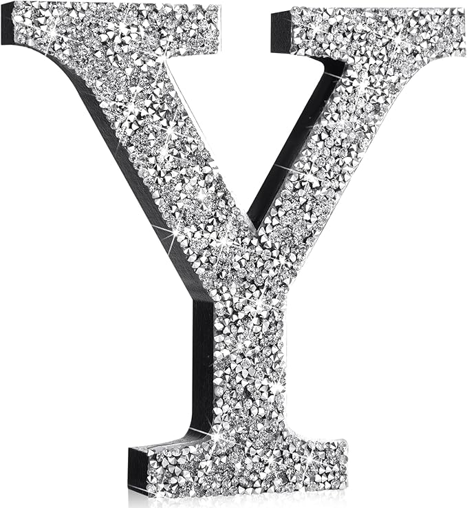 Qunclay 12'' Silver Crystal Diamond Bling Letters Crushed Diamond Decoration Wooden Glitter Letter with Screw and Hooks Rhinestone Gift for Wedding Y2k Mcbling Bedroom Wall Decor (Letter Y)