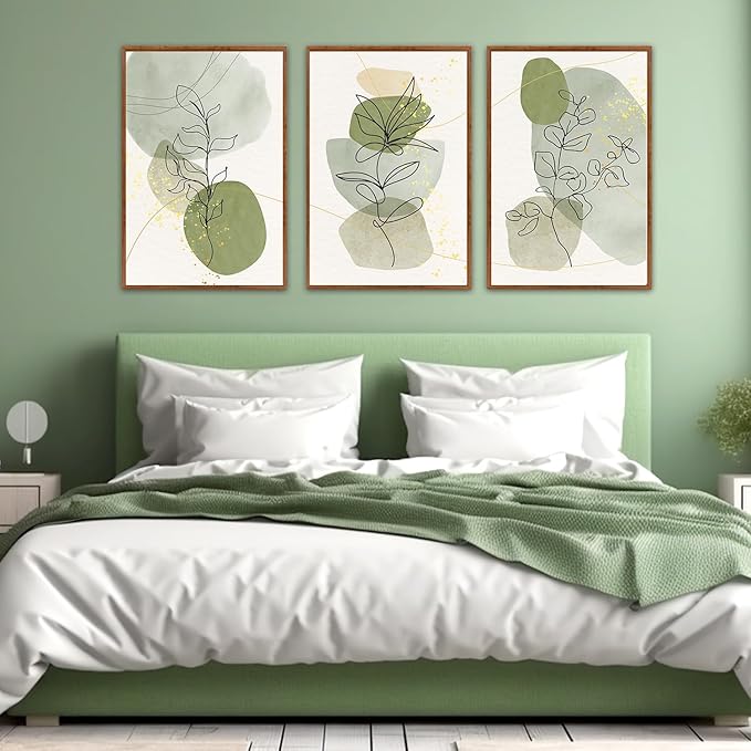 KAlRNE Boho Botanical Framed Canvas Wall Art Set of 3(24”X36”),Abstract Sage Green Wall Decor,Minimalist Watercolor Picture,Modern Geometric Black Line Art Prints For Living Room Bedroom Office