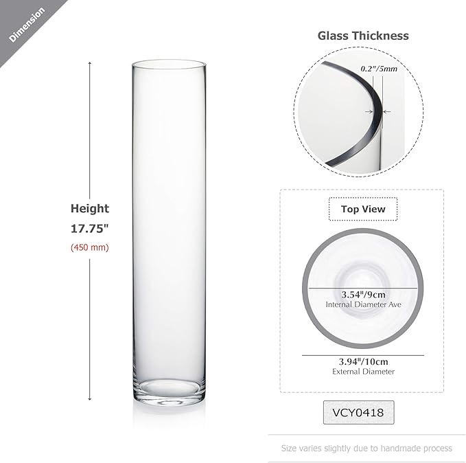 WGVI Quality Thick Weighted Tall Clear Cylinder Glass Vases, 4" W x 18" H, Flower Arrangement Floating Candle Holders Wedding Centerpieces Event Floral Container Display Decor, Bulk Wholesale, 12 Pcs