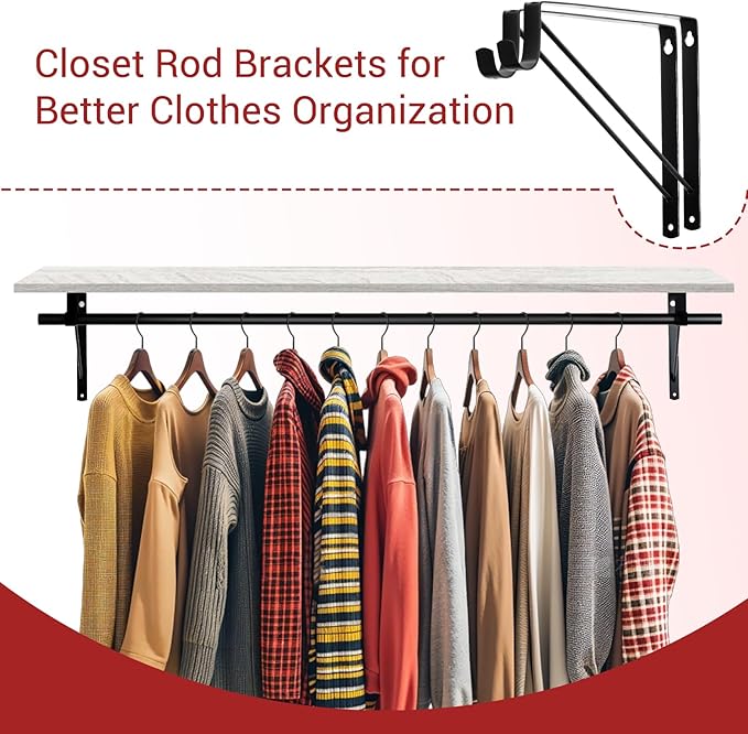 10 Pack Heavy Duty Closet Shelf & Rod Brackets, Wall Mounted Closet Shelves Bracket with Rod Support for Both Shelf Storage and Closet Rod Black,HOME MASTER HARDWARE