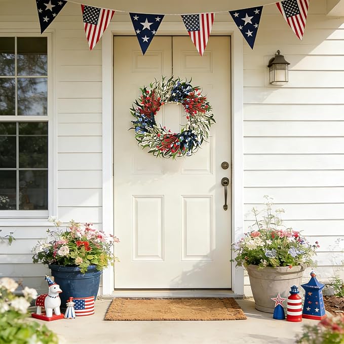 TEMPUS 24 Inch Artificial Wheat Wreath for Front Door, Handcrafted Red White Blue Patriotic Wreath with Willow Leaves, Americana Decor for Memorial Day, 4th of July, Independence Day, Summer Holiday