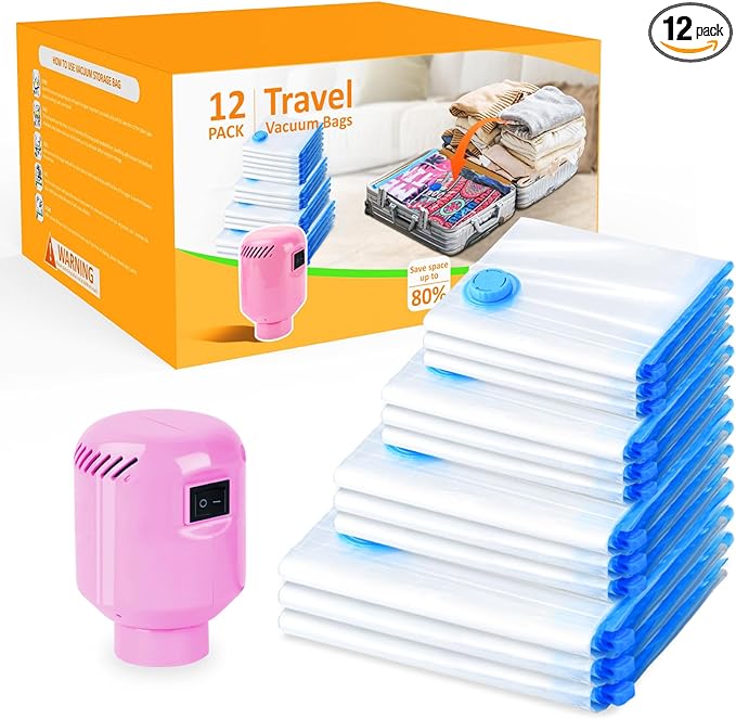 Vacuum Storage Bags with Electric Pump, 12 Pack (3 Jumbo, 3 Large, 3 Medium, 3 Small) Vacuum Seal Bags for Clothes, Bedding, Mattress, Blankets, Travel