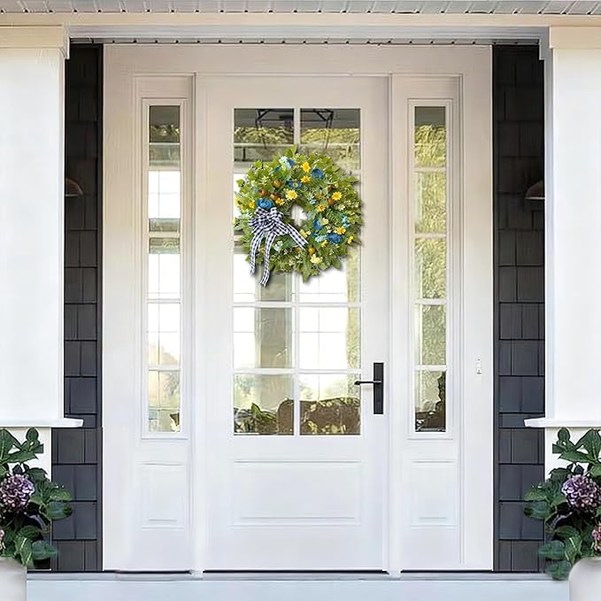 WANNA-CUL 24 Inch Year Round Spring Summer Wreaths for Front Door, Blue Yellow Floral Door Wreath with Pomegranates Daisy - All Season Decorative Wedding Wall Wreath Indoor Outdoor Farmhouse Decor