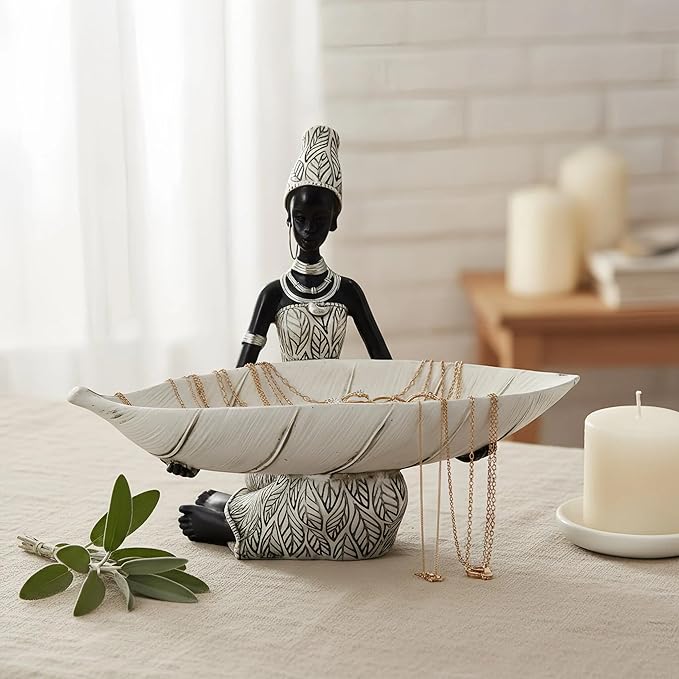 Lescafita African Woman Resin Tray Figurine, White Leaf Decorative Bowl Sculpture, Boho Tribal Art Statue for Jewelry Storage and Home Decor