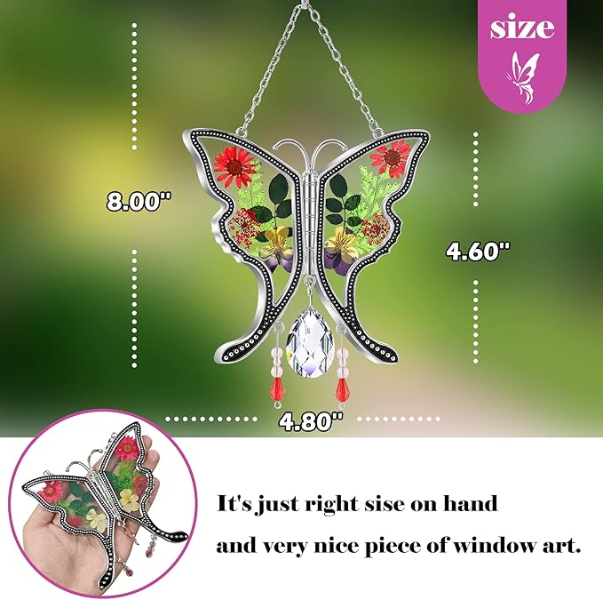 KY&BOSAM Butterfly Suncatcher Gifts for Mom Stained Glass Butterfly for Windows Hangings Wind Chime Ornament Pressed Rearl Flower Wings and Crystal Charm Birthday Gift for Mom Mother`s Day Christmas