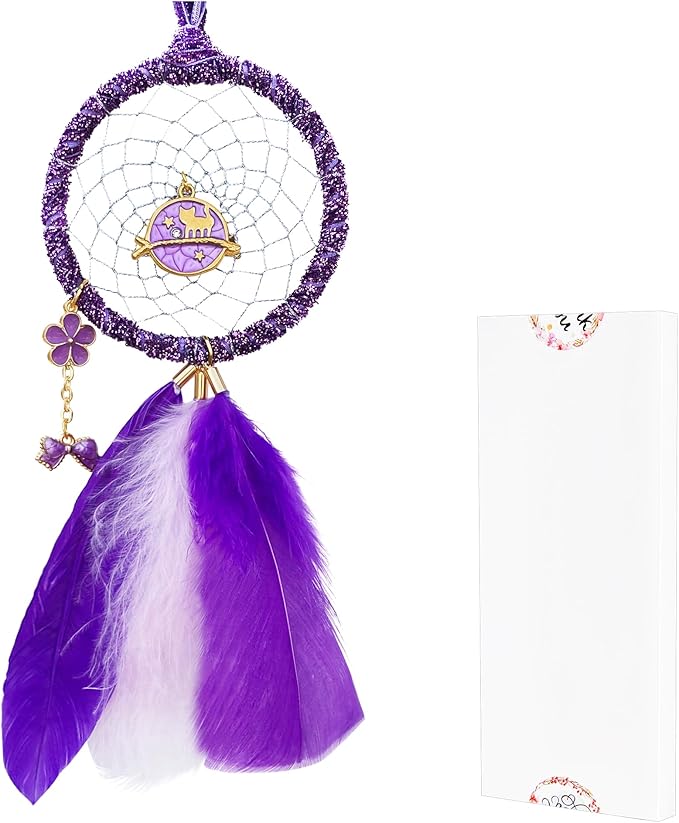 Mini Dream Catchers - Cute Kitten with Turkey Feather, Pastel Purple Flannel, Handmade Small Dreamcatcher for Bedroom, A Dream Catcher for Girls, Dream Catchers for Boys, Dream Catcher Wall Decor