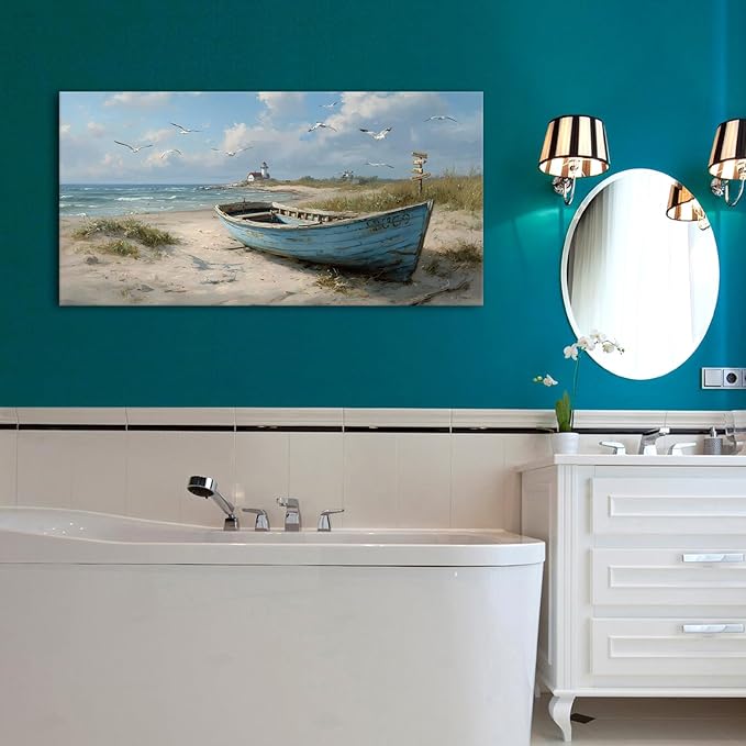 Coastal Wall Art Beach Wall Decor Nautical Ocean Canvas Picture Nature Seaside Boat Seascape Prints Painting Bathroom Decor Rustic Beach Scenery Artwork Living Room Bedroom Office Decoration 20x40"
