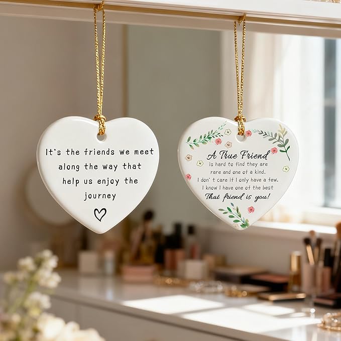 Friends We Meet Along The Way, Firm Friendship - Heart Plaque/Sign, Gifts for Friends | Birthday, Christmas Friendship Gifts for Bestie, Best Friend, Sisters, BFF, Her | Friend Christmas Ornament