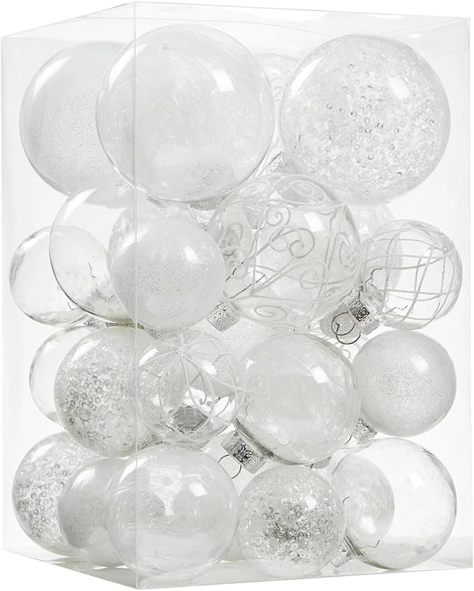 Wironlst Christmas Ball Ornaments Shatterproof Clear Large Plastic Hanging Ball Decorative Baubles Set with Stuffed Delicate Decorations (Multi-Size, White)