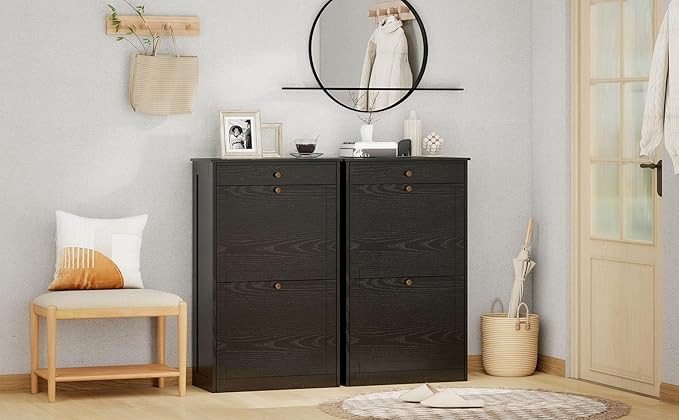 Shoe Storage Cabinet with 2 Flip Doors Set of 2, Wooden Narrow Shoe Cabinet Organizer with Drawer, Freestanding Hidden Shoe Rack with Adjustable Shelf for entryway, Hallway, Living Room, Black
