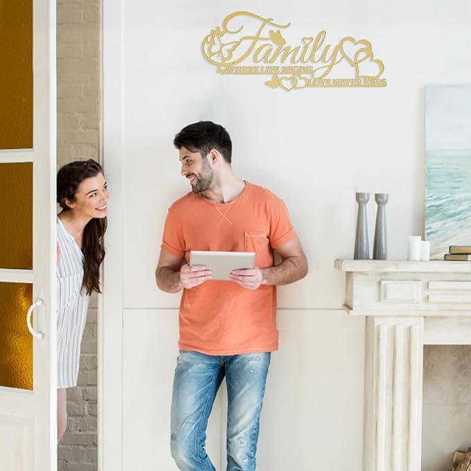 Family Metal Word Sign Wall Art Decor, Where Life Begins Love Never Ends Heart Butterflies Wall Hanging Sculpture, Golden Iron Letters Quotes Home Decor for Living Room Kitchen (Golden)