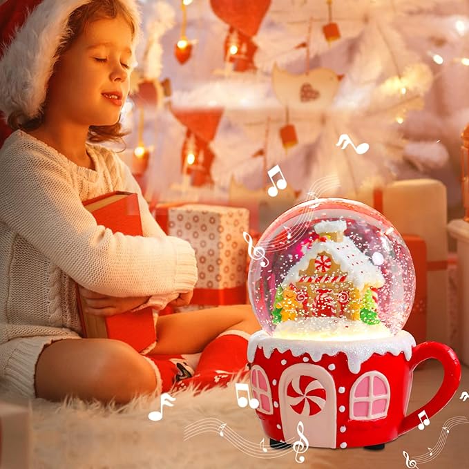 Christmas Snow Globe Musical Gingerbread Men House Christmas Tree Water Snow Globes with 7 Colors Light Change Music Box Home Christmas Decor for Kids