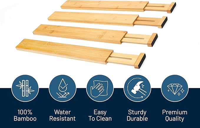 RoyalHouse Large Drawer Organizer (18" - 22") Adjustable Bamboo Drawer Dividers Organizers, Expandable Drawer Separators for your Kitchen, Bedroom, Bathroom, Dresser, Office, and More (4 pieces)