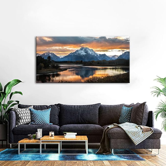 Large Mountain Wall Art for Living Room Sunset Nature National Park Posters Grand Teton Landscape Wall Decor Snake River Wyoming Scenery Canvas Prints Artwork for Bedroom Office Home Decoration 30x60"