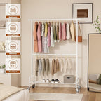 Abiglifty 2 Tier Clothes Rcks for Hanging Clothes, Heavy-Duty Clothing Rack with Wheels,150LBS Capacity, 42" W X15 D X 77" H Garment Rack with Bottom Shelf, for Bedroom, Living Room, White
