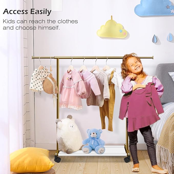MISSLO Short Clothing Racks for Hanging Clothes with Bottom Shelves and Wheels Heavy Duty Rolling Clothes Rack Kids Clothing Rack for Adult Coat, Closet, Wardrobe (Gold)