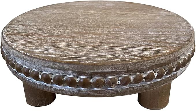 Farmhouse Beaded Wood Pedestal Tray Decor, 7.6” Round Vintage Display Stand, Decorative Accent Display Riser for Farmhouse Kitchen, Bathroom (Natural)