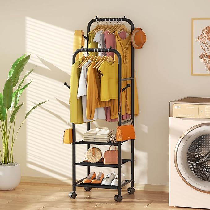 Furologee Clothing Racks for Hanging Clothes, Portable Rolling Garment Rack, Sturdy Metal Freestanding Clothes Rack with Wheels, Double Rods Wardrobe Racks for Bedroom Laundry Living Room