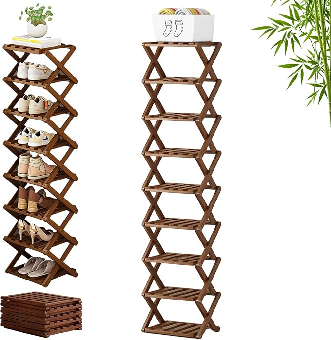 The 9-Tier No-Assembly Bamboo Rack, 3-9 Tiers Bamboo Shoe Rack, Foldable Bamboo Vertical Shoe Organizer, Multifunctional & Space-Saving, For Entryway, Closet, Corner, Bedroom, Hallway (Walnut, 9Tiers)