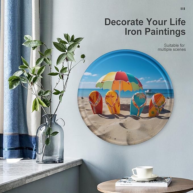 Wall Picture, with Colorful Flip Flops Beach Ball Printed Circular Iron Hanging Picture,Wall Art Decor,Home for Bedroom Living Room Bathroom Decor,Iron Painting 11.8X11.8 in