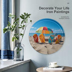 Wall Picture, with Colorful Flip Flops Beach Ball Printed Circular Iron Hanging Picture,Wall Art Decor,Home for Bedroom Living Room Bathroom Decor,Iron Painting 11.8X11.8 in