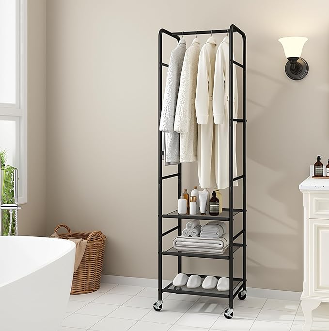Narrow Clothes Rack with 3 Shelves, Heavy-duty Garment Rack with Wheels, Display Clothing Racks for Hanging Clothes for Small Space, Entryway, Hallway, Bedroom, Office, Living Room, Black