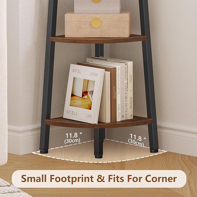 Hoctieon Corner Shelf, 6-Tier Corner Bookshelf, Rustic Ladder Shelf, Industrial Display Stand for Living Room, Kitchen, Home Office, Balcony, Small Space, Metal Frame, Rustic Brown
