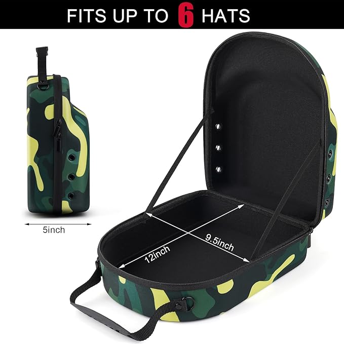 Hard baseball hat case, Hat Carrier Travel Case with Adjustable Shoulder Strap, Hat cap case for 6 Baseball Caps - Perfect for Traveling (Camo Green)