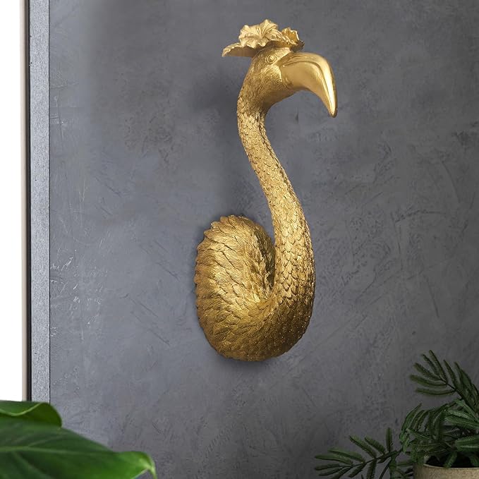 GUSFREUD Gold Animal Heads Sculptures Wall Art - 13" Resin Faux Flamingo for Home Wall Decor, Bird Wall Hanging Decoration for Living Room, Bedroom & Kitchen, Unique Gift Idea