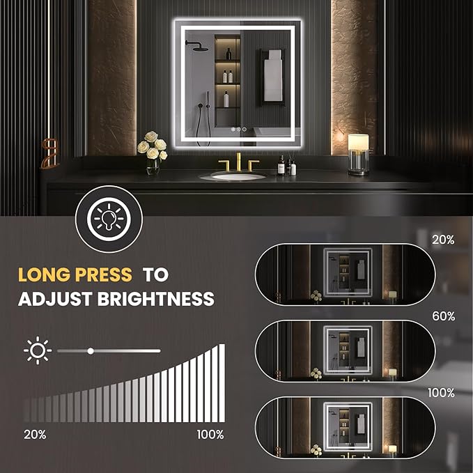 LOAAO 40"X40" LED Mirror for Bathroom, Lighted Bathroom Mirror with Lights, Anti-Fog, Dimmable, Memory Function, Clear Reflection