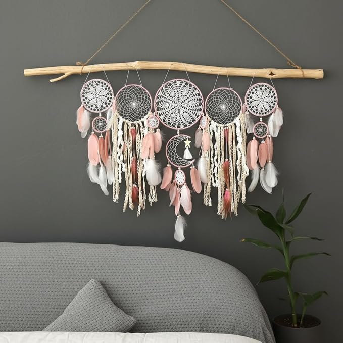 5 Pack Dream Catchers Moon Phase Boho Wall Decor Feather Handmade Traditional Macrame Wall Hanging Dream Catcher for Home, Bedroom, Living Room, Witchy Gifts (Pink Set)