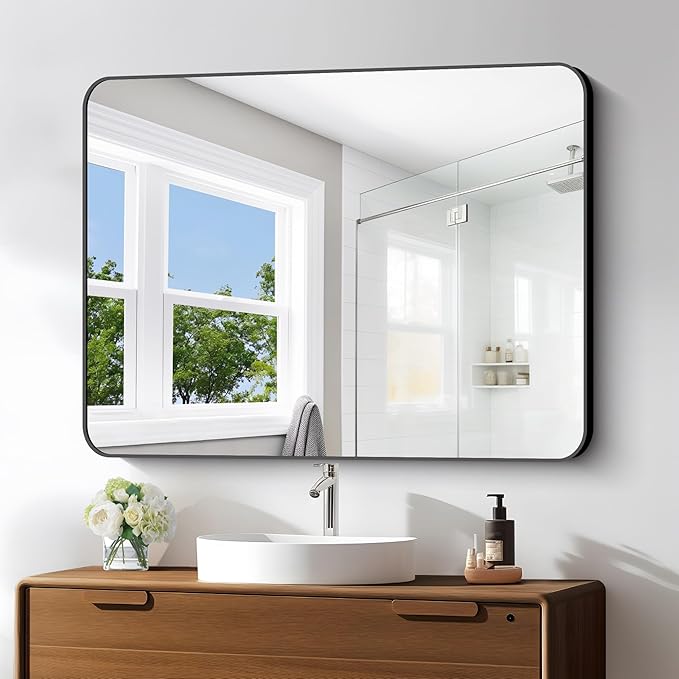 BONEWEI 30x40 inch Bathroom Mirror,Black Rectangle Mirror,Wall Mounted Bathroom Frame Vanity Mirror with Round Corner for Bedroom Living Room, Entryway Hangs Horizontal or Vertical