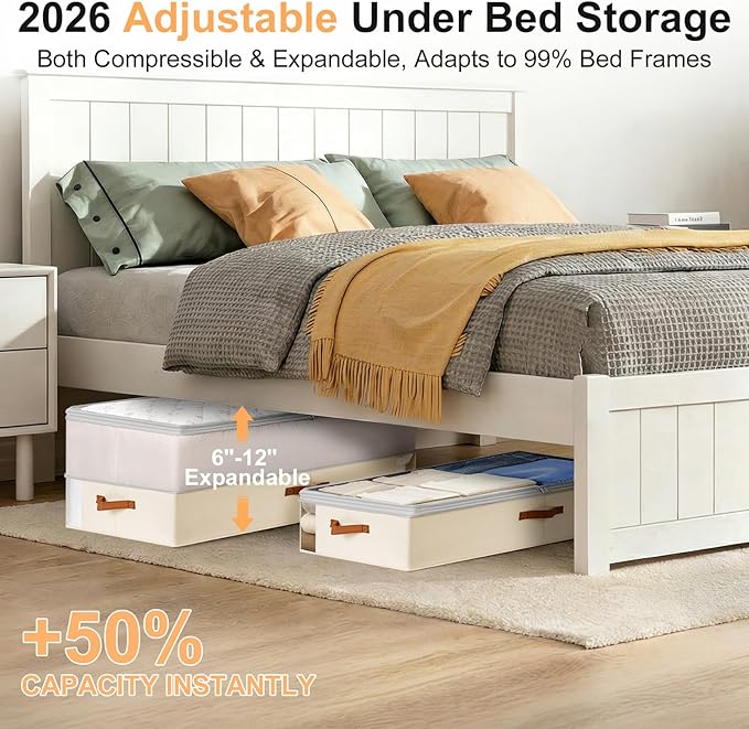 Under Bed Storage Bins - 98L Height-adjustable Under Bed Storage Containers, Compression Blanket Storage Comforter Storage Sweater Storage, Clothes Storage Bins With Clear Window, 2 Pack Beige