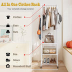 SUOERNUO Clothes Rack With Wheels and 3-Tier Metal Shelves,Clothing Rack For Hanging Clothes With 4 Hooks,Garment Rack Wardrobe Organizer for Small Space,Black (white, 16.54 * 18.23 * 72.05)