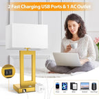 Kondras 3 Color Temperatures Touch Control Table Lamps Set of 2, Stepless Dimmable Bedside Lamps with 2 USB Ports&AC Outlet, Modern Nightstand Lamps for Bedroom Living Room, Bulbs Included, Gold&White