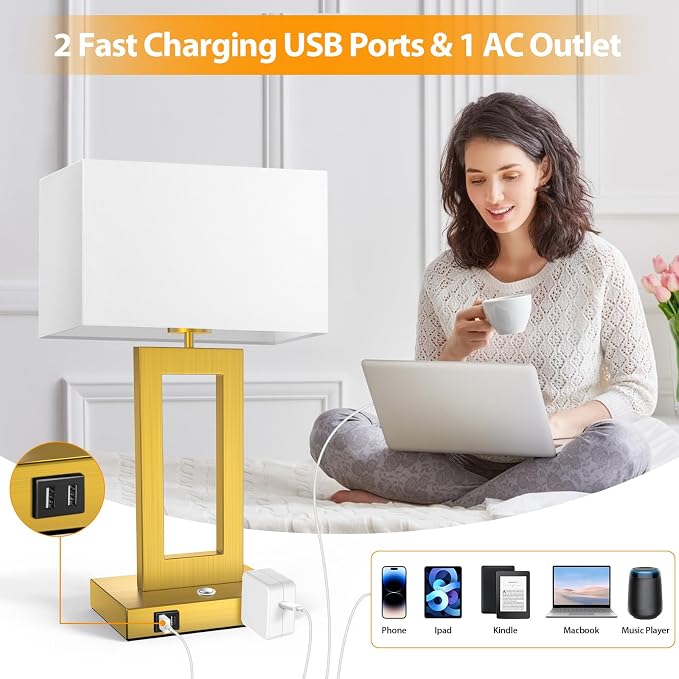 Kondras 3 Color Temperatures Touch Control Table Lamps Set of 2, Stepless Dimmable Bedside Lamps with 2 USB Ports&AC Outlet, Modern Nightstand Lamps for Bedroom Living Room, Bulbs Included, Gold&White