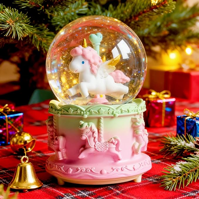 Unicorn Snow Globes,Pink Music Snowglobes with LED 7 Colors Lights,Automatic Snow Fall Effect,Home Decor for Kids Room Essentials,Christmas and Birthday Gifts for 3-15 Year Old Girl (Pink)