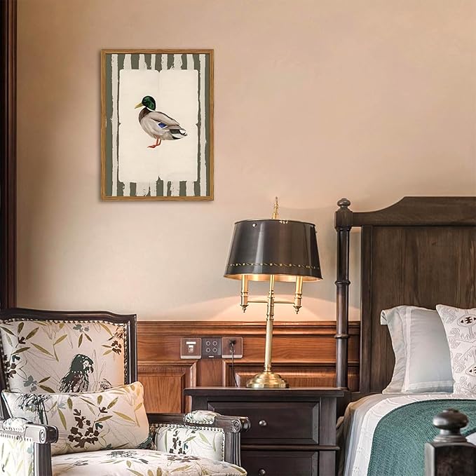 Framed Vintage Mallard Duck Wall Art, Country Farmhouse Duck Pictures Wall Decor, Rustic Wildlife Animal Paintings Canvas Prints Cottagecore Home Decor for Living Room Bedroom nursery 16x24 inch