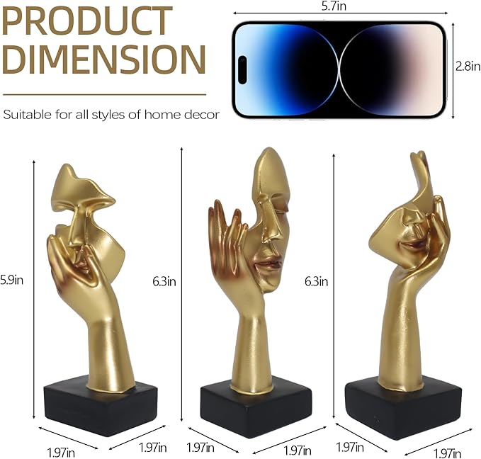 aboxoo 3 Pcs Thinker Statue, No Hear No See No Speak Modern Resin Sculptures Decor, Silence is Gold Abstract Art Figurines for Living Room, Home, Office Study (Gold)