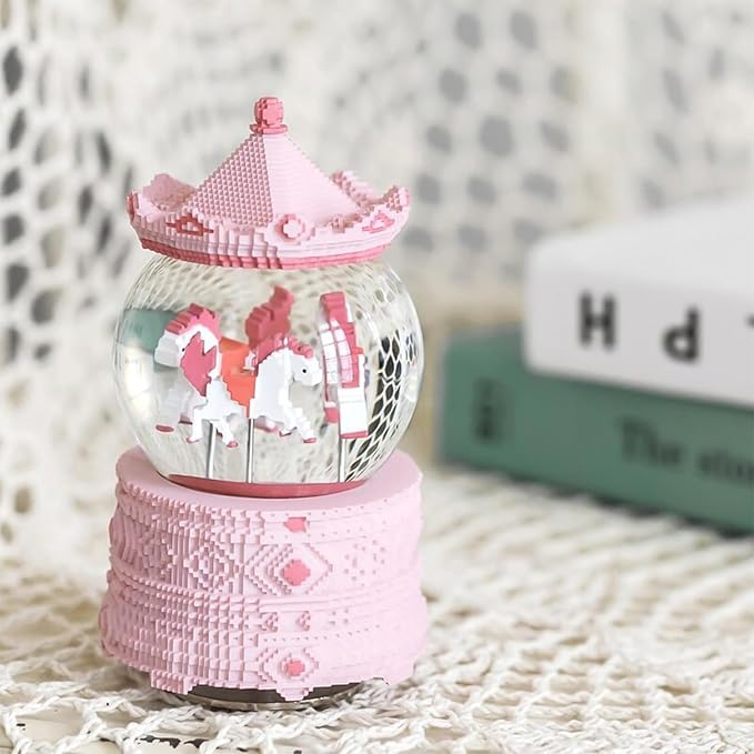 Pixel-Design Carousel Snow Globe Music Box, Compact Decorative Gift for Collectors and Home Accents, Subtle Pink Edition, Plays Toyland Melody