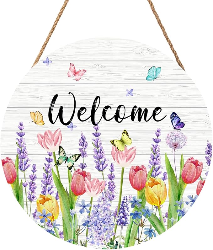 Welcome Spring Summer Tulip Flower Front Door Sign Spring Door Decorations Floral Wooden Hanging Sign Summer Door Hanger Tulip Wreath Wall Sign for Indoor Outdoor Porch Yard Garden Decor 12x12 Inch