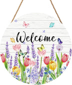 Welcome Spring Summer Tulip Flower Front Door Sign Spring Door Decorations Floral Wooden Hanging Sign Summer Door Hanger Tulip Wreath Wall Sign for Indoor Outdoor Porch Yard Garden Decor 12x12 Inch