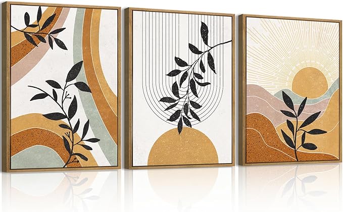 BINCUE Boho Line Wall Art Abstract Plants Wall Decor Mid Century Modern Artwork Framed Boho Abstract Paintings Orange Abstract Wall Pictures Orange Art Prints for Living Room Bedroom Office Farmhouse 12"x16" Set of 3