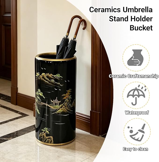 Ceramic Umbrella Stand Umbrella Holder for Entryway Hand-Made Umbrella Stand Barrels Umbrella Holder Cane Floor Standing Vase Ceramic Storage Bucket for Home Office Entrance Indoor.(D)