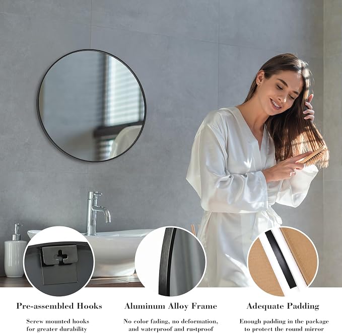 DUMOS Black Circle Mirror for Wall 20.02 inch, Bathroom Round Wall Mirror for Over Sink, Bathroom, Entryway, Bedroom, Vanity, Shatterproof& Crystal-Clear