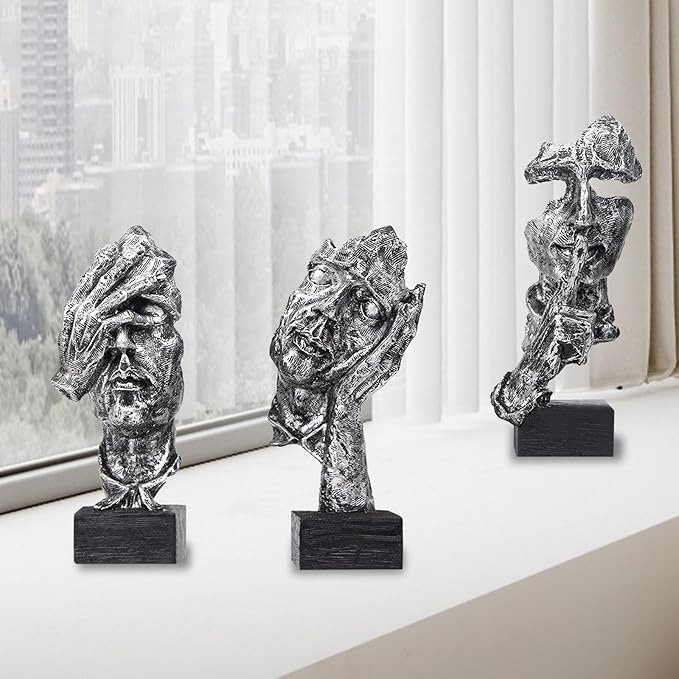 aboxoo Large Size 3 Pcs Thinker Statue, Silence is Gold, See No Evil Hear No Evil Speak No Evil Statues, Modern Resin Sculptures Decor for Living Room, Home, Office Study (Silver)