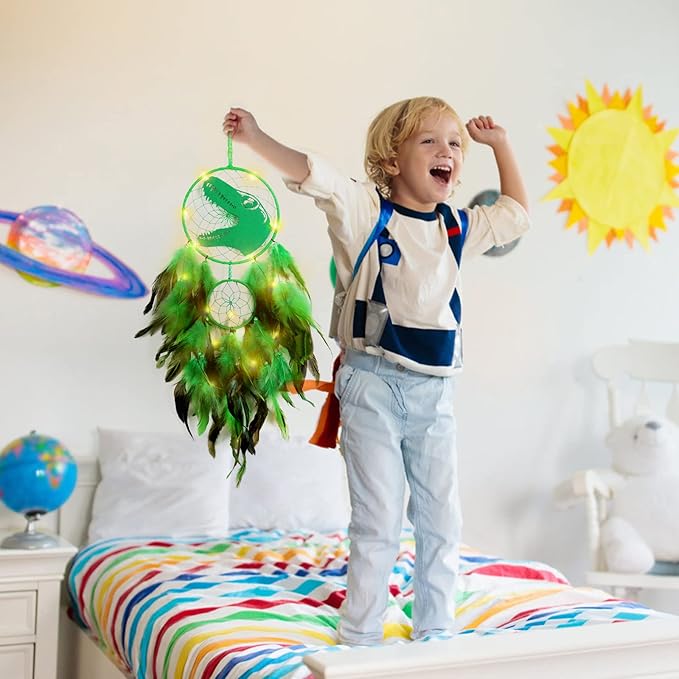 LOMOHOO Dinosaur Dream Catcher for Kids, Feather Dream Catchers with LED Light, Handmade Home Decor Wall Hanging with Double Ring for Nursery Boy Bedroom Birthday Gift