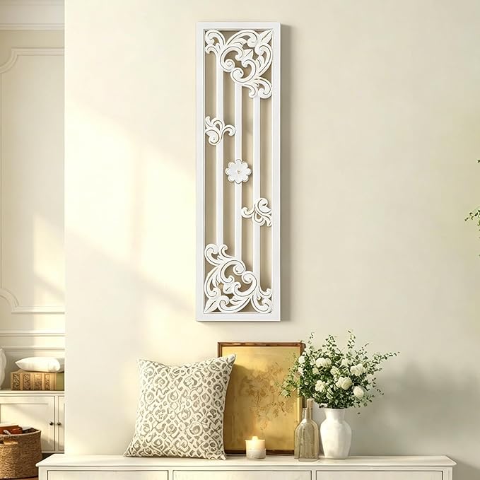Sintosin Vintage Decorative Wood Panels for Walls 41 Inch, Hanging Distressed White and Gold Wall Art Decor, Handmade Rustic Floral Wood Wall Pediments for Living Room Bedroom Kitchen Hallway